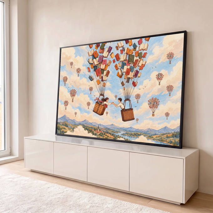 Quadro Decorativo Grande Balões de Livros para Sala Azul | quadros decorativos para sala | casal se dando as mãos em cestas suspensas por livros coloridos no céu | em Quadros para Sala | Porao dos Quadros