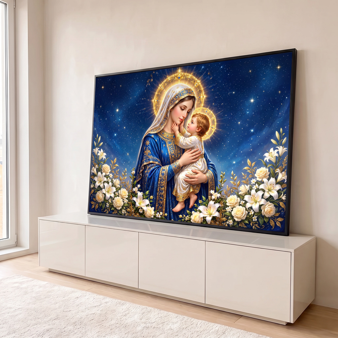 Nossa Senhora de manto azul abraçando o Menino Jesus sob céu estrelado com lírios, quadro decorativo