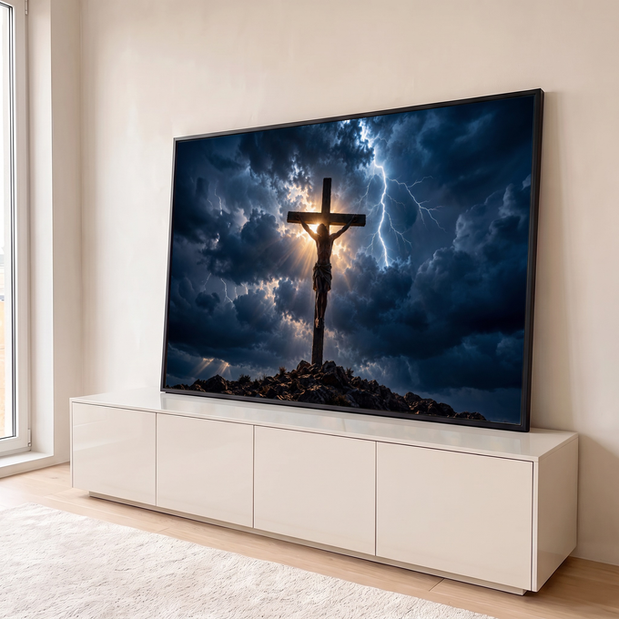Quadro Decorativo Grande Crucificação para Sala Azul | quadros decorativos para sala | Jesus crucificado contra céu tempestuoso com raio e luz dourada ao fundo | em Quadros para Sala | Porao dos Quadros