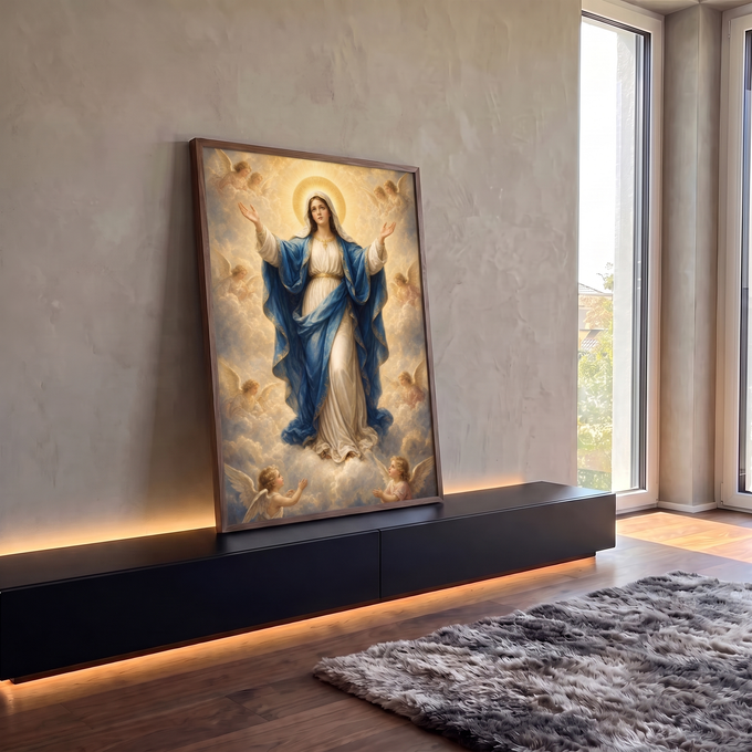 Quadro Decorativo Grande Nossa Senhora Anjos para Sala Azul | quadros decorativos para sala | Nossa Senhora de manto azul e halo dourado cercada por anjos entre nuvens | em Quadros para Sala | Porao dos Quadros