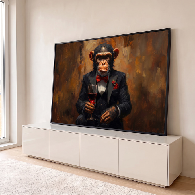 Pintura a óleo de chimpanzé de smoking e gravata vermelha segurando taça de vinho, quadro decorativo