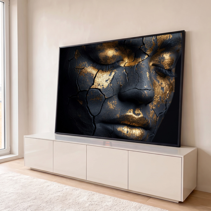 Rosto feminino de olhos fechados com pele preta rachada e detalhes em folha de ouro, quadro decorativo