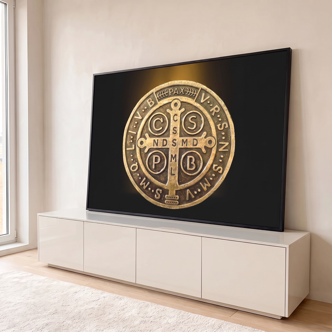 Quadro Decorativo Grande Medalha de São Bento Cruz para Sala | quadros decorativos para sala | medalha de São Bento dourada com cruz e inscrições sobre fundo preto iluminado | em Quadros para Sala | Porao dos Quadros