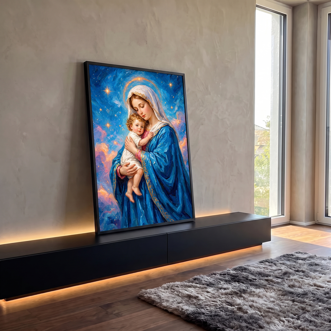 Quadro Decorativo Grande Nossa Senhora Manto Azul para Sala | quadros decorativos para sala | Nossa Senhora de manto azul segura o Menino Jesus sob céu estrelado | em Quadros para Sala | Porao dos Quadros