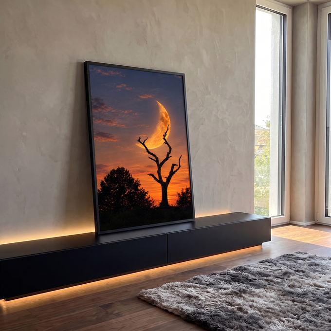 Lua crescente dourada gigante atrás de árvore seca em silhueta no céu laranja do pôr do sol, quadro decorativo