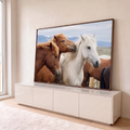 Cavalos alazões e cavalo branco com crinas ao vento e montanhas ao fundo, quadro decorativo