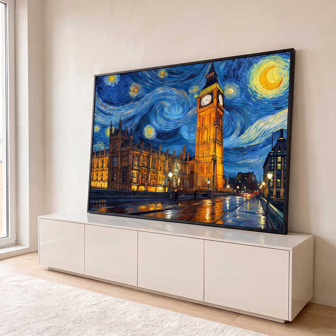 Quadro Decorativo Grande Big Ben para Sala Azul | quadros decorativos para sala | Big Ben e Parlamento de Londres em dourado sob céu estrelado azul estilo Van Gogh | em Quadros para Sala | Porao dos Quadros