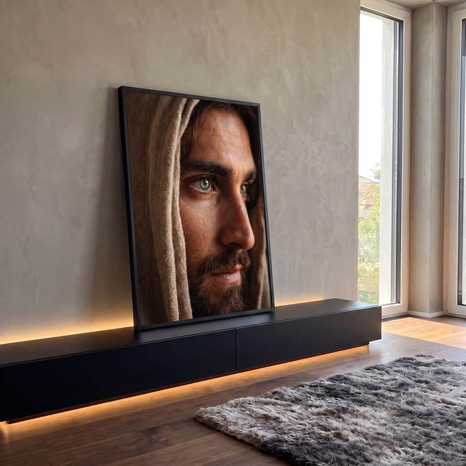 Quadro Decorativo Grande Olhar Intenso para Sala Marrom | quadros decorativos para sala | close-up de rosto masculino com capuz rústico e olho verde intenso | em Quadros para Sala | Porao dos Quadros