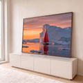 Quadro Decorativo Grande Veleiro de Velas para Sala Laranja | quadros decorativos para sala | veleiro com velas vermelhas navegando entre icebergs sob céu de pôr do sol laranja | em Quadros para Sala | Porao dos Quadros