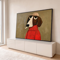 Pintura de cachorro de boné e blusa vermelha de gola alta fumando em fundo marrom, quadro decorativo