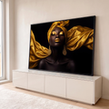Quadro Decorativo Grande Mulher com Turbante para Sala | quadros decorativos para sala | mulher negra de olhos fechados com turbante e maquiagem dourada sobre fundo preto | em Quadros para Sala | Porao dos Quadros