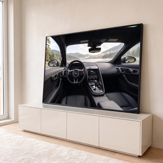 Interior de Jaguar esportivo em couro preto com vista para lago, neblina e montanhas, quadro decorativo