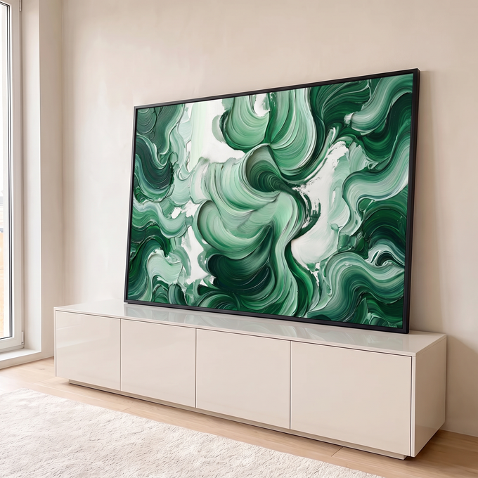 Quadro Decorativo Grande Ondas Abstratas para Sala Verde | quadros decorativos para sala | pinceladas verdes e brancas formando ondas fluidas em pintura abstrata | em Quadros para Sala | Porao dos Quadros