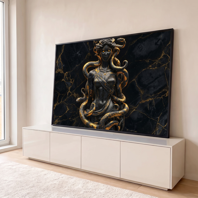 Quadro Decorativo Grande Medusa em Mármore para Sala Preto | quadros decorativos para sala | figura feminina de mármore negro com serpentes douradas e olhos laranja brilhantes | em Quadros para Sala | Porao dos Quadros