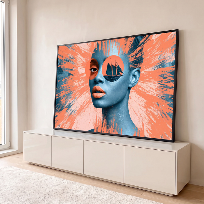 Rosto de mulher azul com lábios laranja e veleiro no olho sobre pinceladas coral, quadro decorativo