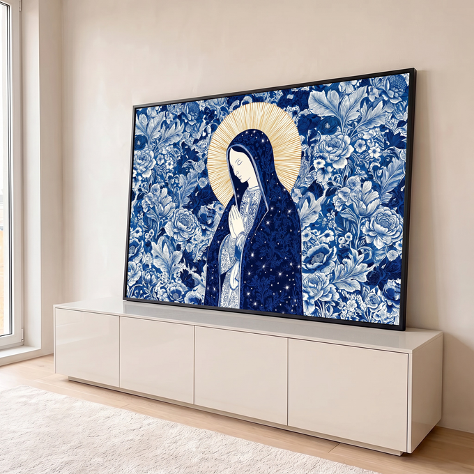 Nossa Senhora em oração com manto azul estrelado e auréola dourada sobre fundo floral azul, quadro decorativo