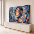 Mulher de olhos vendados por faixa colorida, óleo com espátula em fundo abstrato azul turquesa, quadro decorativo