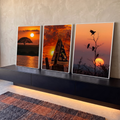 Quadro Decorativo Kit 3 Telas Nossa Senhora Preto para Sala | quadros decorativos para sala | tríptico com Nossa Senhora Aparecida, árvore e pássaros em pôr do sol dourado | em Quadros para Sala | Porao dos Quadros