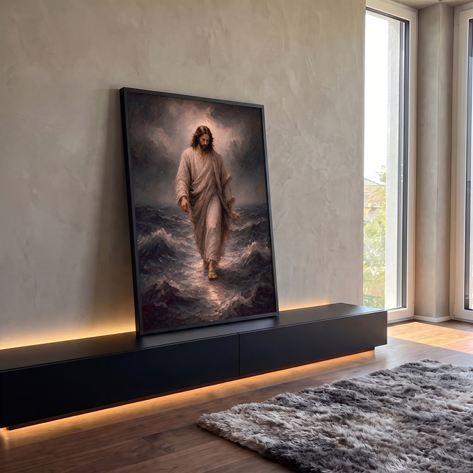 Quadro Decorativo Grande Jesus Caminhando Bege para Sala | quadros decorativos para sala | homem de manto branco caminhando sobre o mar com brilho ao redor da cabeça | em Quadros para Sala | Porao dos Quadros