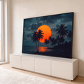 Quadro Decorativo Grande Lua entre Palmeiras para Sala | quadros decorativos para sala | lua laranja gigante atrás de palmeiras em silhueta numa praia ao entardecer | em Quadros para Sala | Porao dos Quadros