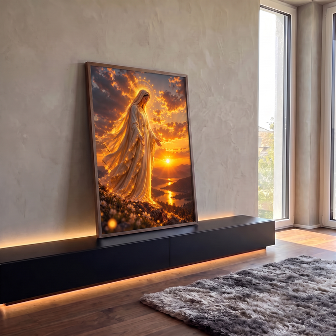 Quadro Decorativo Grande Nossa Senhora Pôr do Sol para Sala | quadros decorativos para sala | Nossa Senhora com auréola dourada e manto branco ao pôr do sol | em Quadros para Sala | Porao dos Quadros