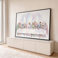 Quadro Decorativo Grande Santa Ceia Sala para Sala Roxo | quadros decorativos para sala | reinterpretação em aquarela da Última Ceia com tons pastel e figura central com halo | em Quadros para Sala | Porao dos Quadros