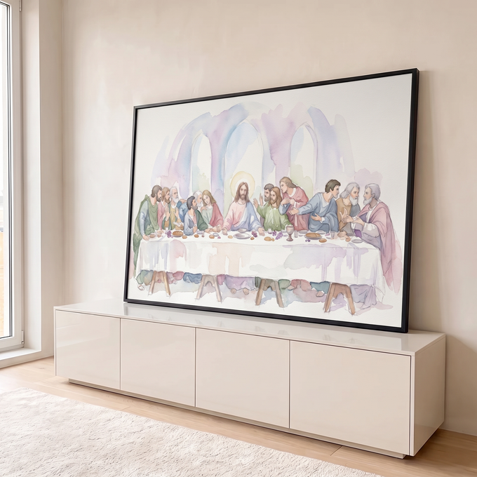 Quadro Decorativo Grande Santa Ceia Sala para Sala Roxo | quadros decorativos para sala | reinterpretação em aquarela da Última Ceia com tons pastel e figura central com halo | em Quadros para Sala | Porao dos Quadros