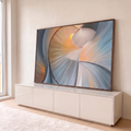 Quadro Decorativo Grande Espiral Abstrata para Sala Azul | quadros decorativos para sala | espiral abstrata com linhas finas e luz dourada central em tons de azul e cinza | em Quadros para Sala | Porao dos Quadros