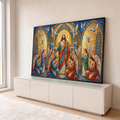 Jesus de braços abertos em mosaico dourado, anjos ajoelhados orando e pombas brancas, quadro decorativo
