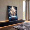 Quadro Decorativo Grande Jesus Cristo com Luz para Sala Azul | quadros decorativos para sala | Jesus Cristo de braços abertos irradiando luz sobre a Terra vista do espaço | em Quadros para Sala | Porao dos Quadros