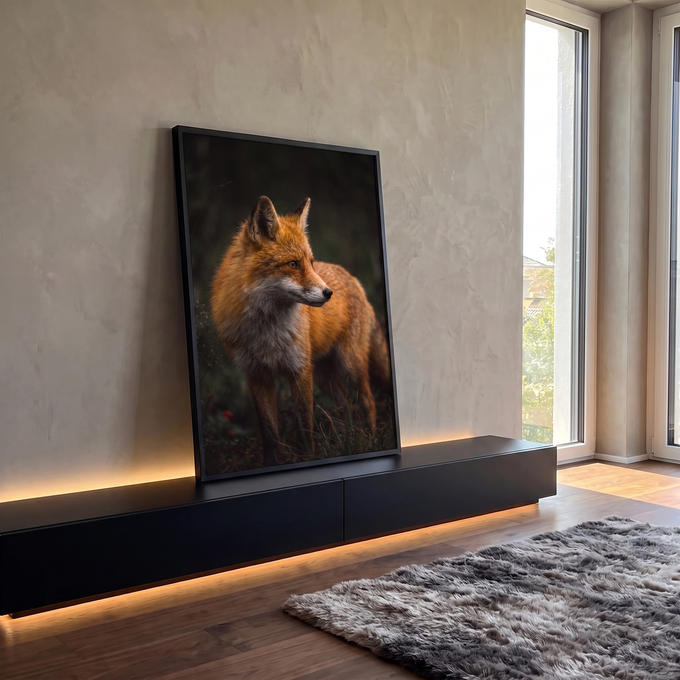 Raposa vermelha de perfil na grama com pelagem laranja e fundo escuro de floresta, quadro decorativo
