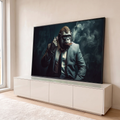 Quadro Decorativo Grande Gorila de Terno para Sala Cinza | quadros decorativos para sala | gorila de terno fumando charuto com fumaça ao fundo em tons escuros | em Quadros para Sala | Porao dos Quadros