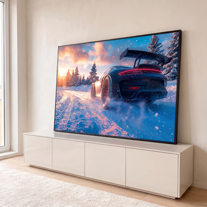 Quadro Decorativo Grande Carro Esportivo Neve para Sala | quadros decorativos para sala | carro esportivo preto na neve com aerofólio e céu de pôr do sol ao fundo | em Quadros para Sala | Porao dos Quadros