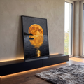 Quadro Decorativo Grande Barco no Mar para Sala Laranja | quadros decorativos para sala | lua cheia dourada refletida no mar com um pequeno barco ao luar | em Quadros para Sala | Porao dos Quadros
