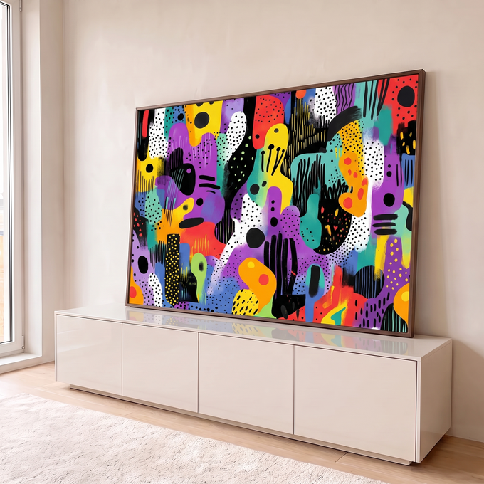 Quadro Decorativo Grande Abstrato Colorido Roxo para Sala | quadros decorativos para sala | composição abstrata colorida com formas orgânicas, bolinhas e listras sobre fundo preto | em Quadros para Sala | Porao dos Quadros