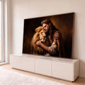 Quadro Decorativo Grande Jesus Abraçando para Sala Marrom | quadros decorativos para sala | homem com coroa de espinhos abraçando leão de juba dourada em fundo escuro | em Quadros para Sala | Porao dos Quadros