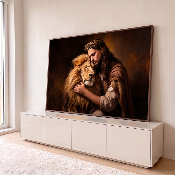 Quadro Decorativo Grande Jesus Abraçando para Sala Marrom | quadros decorativos para sala | homem com coroa de espinhos abraçando leão de juba dourada em fundo escuro | em Quadros para Sala | Porao dos Quadros