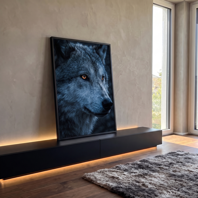 Close de lobo em perfil com olhos âmbar e pelagem cinza azulada sobre fundo escuro, quadro decorativo