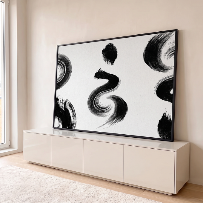 Quadro Decorativo Grande Pincelada Abstrata para Sala Preto | quadros decorativos para sala | pincelada preta em espiral sobre fundo branco texturizado estilo caligrafia oriental | em Quadros para Sala | Porao dos Quadros