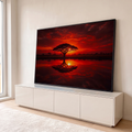Quadro Decorativo Grande Árvore Africana para Sala Vermelho | quadros decorativos para sala | acácia em silhueta sob pôr do sol vermelho refletida em água calma | em Quadros para Sala | Porao dos Quadros