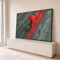 Quadro Decorativo Grande Mulher de Vista para Sala Vermelho | quadros decorativos para sala | figura de vestido e chapéu vermelhos vista de cima com rastro de tinta no chão cinza | em Quadros para Sala | Porao dos Quadros