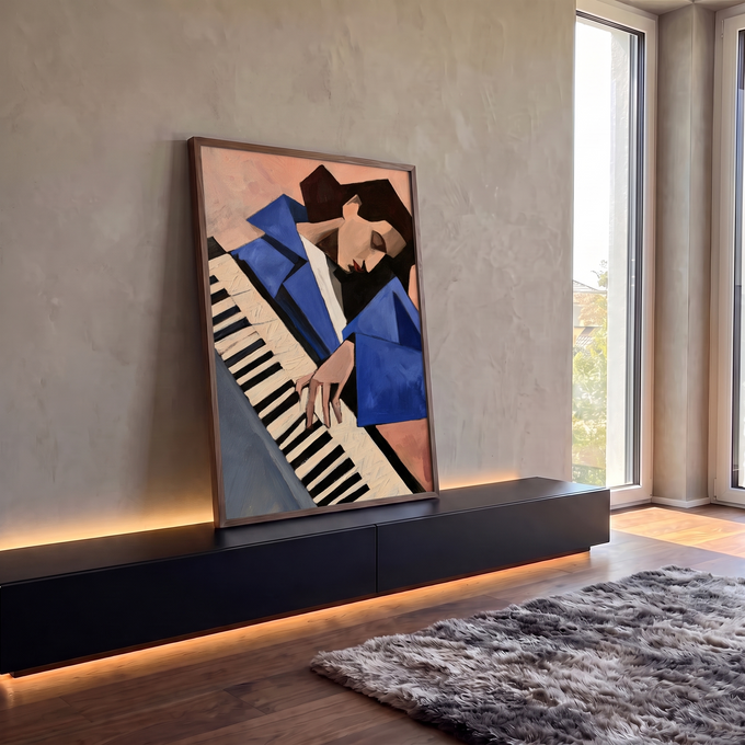 Quadro Decorativo Pianista Cubista de Blazer Azul | quadros decorativos para sala | mulher tocando piano em estilo cubista com blazer azul e fundo rosa | em Quadros para Sala | Porao dos Quadros