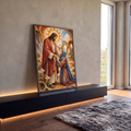 Quadro Decorativo Grande Jesus Abençoando para Sala Vermelho | quadros decorativos para sala | Jesus com halo dourado segura as mãos de mulher ajoelhada em estilo mosaico colorido | em Quadros para Sala | Porao dos Quadros
