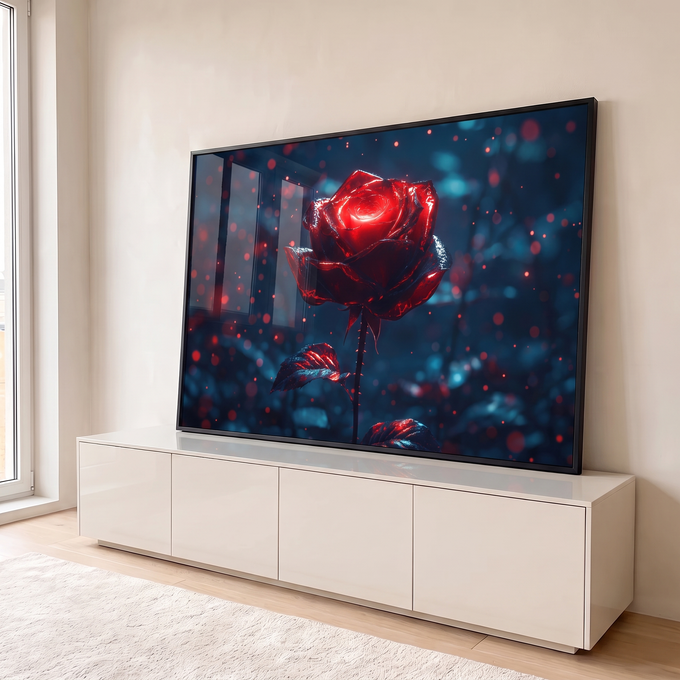 Quadro Decorativo Grande Rosa Vermelha Vermelho para Sala | quadros decorativos para sala | rosa vermelha metálica com brilho intenso sobre fundo azul escuro com luzes bokeh | em Quadros para Sala | Porao dos Quadros