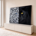 Rosto dividido de leopardo branco e pantera negra com olhos azul e dourado, quadro decorativo