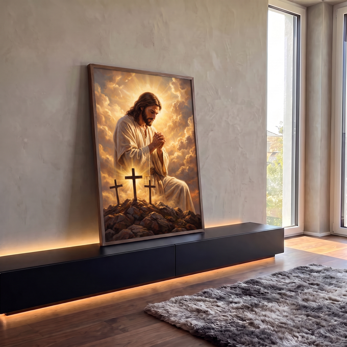 Quadro Decorativo Grande Jesus Orando Três Cruzes para Sala | quadros decorativos para sala | Jesus ajoelhado orando diante de três cruzes sob céu dourado | em Quadros para Sala | Porao dos Quadros