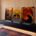 Quadro Decorativo Kit 3 Telas Gatos e Cães para Sala Laranja | quadros decorativos para sala | gato na pedra, dois cães na praia e gato preto sob lua laranja | em Quadros para Sala | Porao dos Quadros
