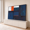 Quadro Decorativo Grande Abstrato Azul para Sala | quadros decorativos para sala | pintura abstrata em blocos de azul marinho, branco e laranja com faixa de horizonte | em Quadros para Sala | Porao dos Quadros