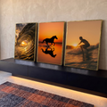 Quadro Decorativo Kit 3 Telas Onda Cavalo para Sala Laranja | quadros decorativos para sala | tríptico com onda, cavalo correndo na água e surfista em silhueta ao pôr do sol | em Quadros para Sala | Porao dos Quadros