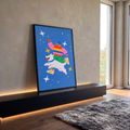Quadro Decorativo Grande Homem e Cachorro para Quarto Azul | quadros decorativos para sala | homem de gorro azul pulando ao lado de cachorro branco entre estrelas no céu azul | em Quadros para Quarto | Porao dos Quadros